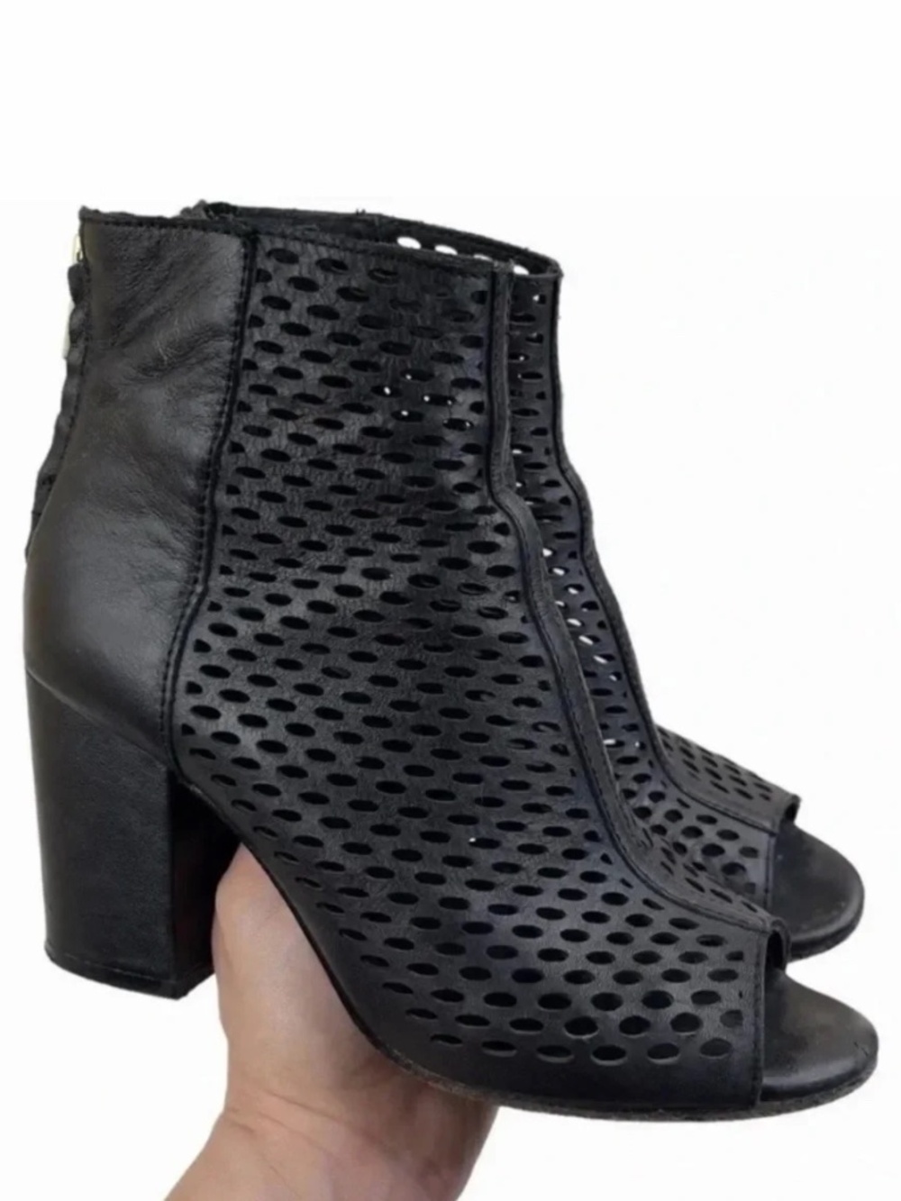 Ash Fancy Bis Black Leather Peep Toe Perforated Block Heel Booties Size 5